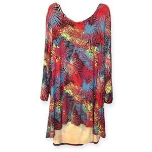 NWT Intro. Stretchy Top Tropical Colors. Palm Leaves Red Yalow Blue Black Sz: 3X